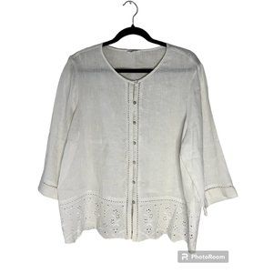 J Jill Linen Top Button Loop Front Trim Closure Eyelet Design At The Bottom
